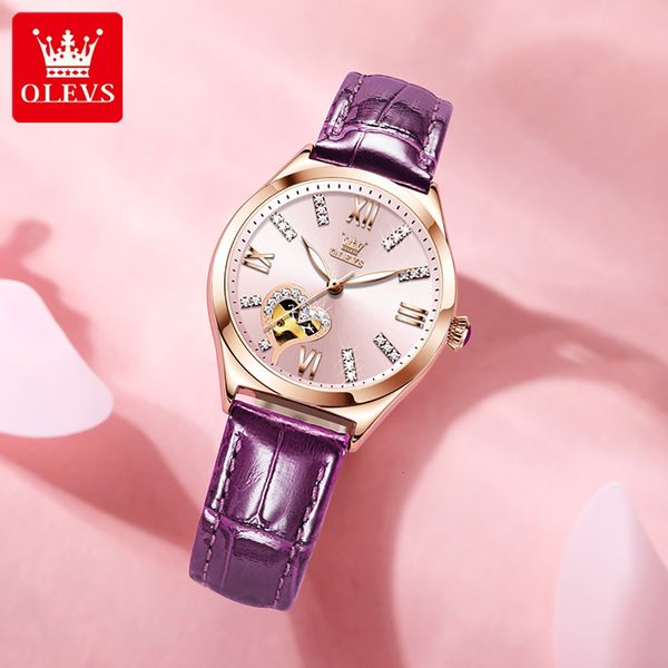 

olevs luxe brand fashion automatic mechanical clock ladies lightweight waterproof women hollow heart-shaped design, Slivery;brown