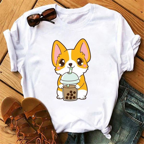 

kawaii clothes caeroon corgi print women t shirt white soft o-neck graphic tee summer casual t-shirts