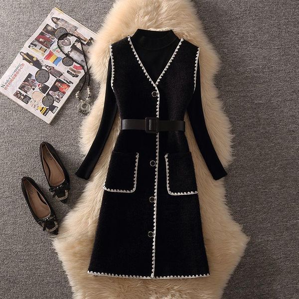 

women's two piece pants 2021 women autumn winter elegant sets female stand collar sweater + single breasted vest suit lady casual loose, White