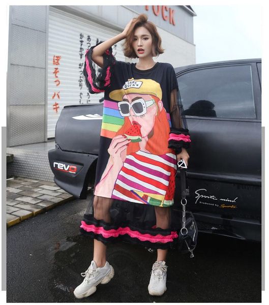 

casual dresses large size loose cartoon pattern long t-shirt dress mesh patchwork hollow out lady high street flare sleeve f2687, Black;gray
