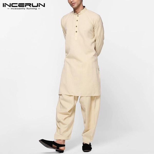 

ethnic clothing incerun solid color men muslim sets stand collar long sleeve robes pants islamic arabic kaftan clothes 2 pieces, Red