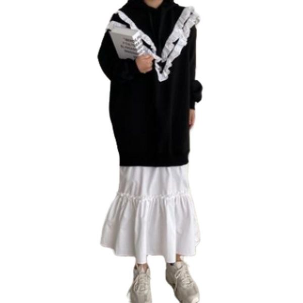 

casual dresses woman chic patchwork sweatshirt dress korean solid plus velvet hooded collar long sleeve warm mid-calf vestidos female, Black;gray