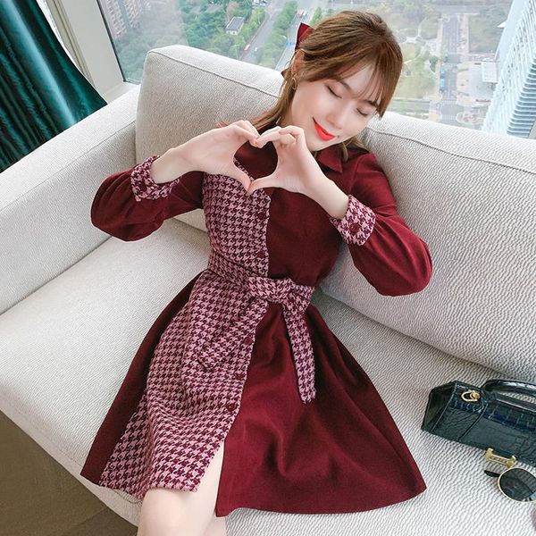 

casual dresses woolen women dress stitching vintage 2021 spring long-sleeved young girl houndstooth pattern lovely 938e, Black;gray