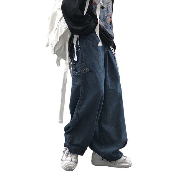 

trend oversize harem jeans men women bf denim pants wide leg trousers loose baggy japan overalls street hiphop jeans cargo pants 211009, Blue