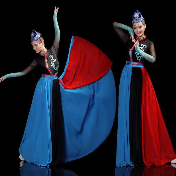 

stage wear tibetan dance costume elegant women long sleeve square classical hanfu large opening dress mongolian party clothes 2021, Black;red