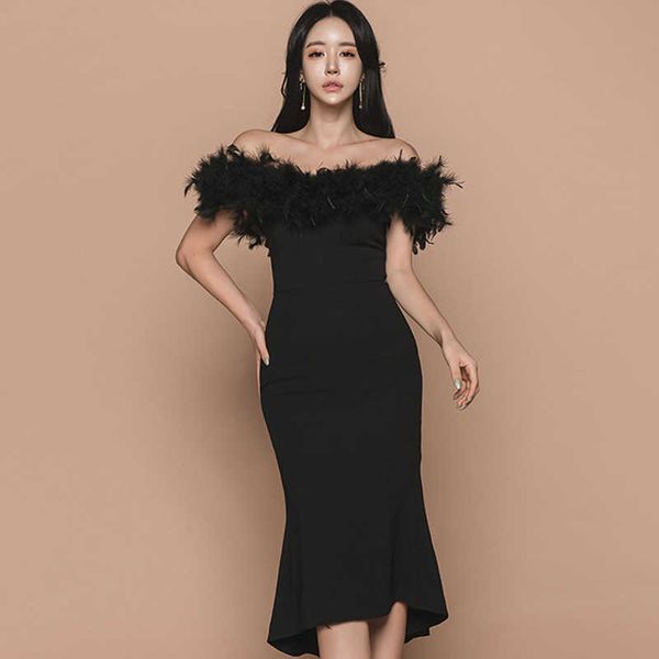 

autumn and winter korean version of the word collar fishtail turquoise ladies dress knee-length patchwork 210603, Black;gray