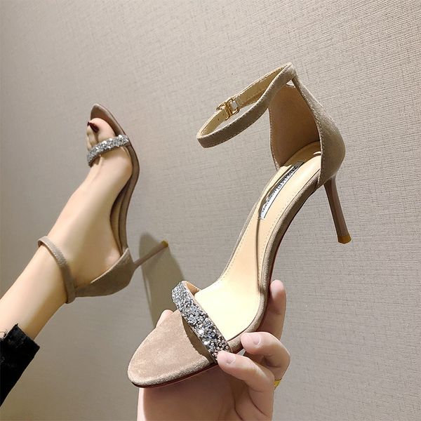 

3319-1 women's sho high heels sandals open toe buckle word thin heel suede diamond fashion round head