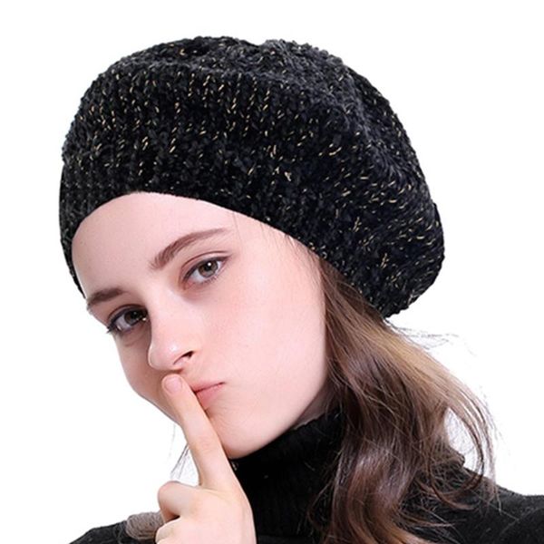 

beanies fashion elegant sweet french style berets hat for women ladies beret lovely female winter cap silver gold line knitted warm hats