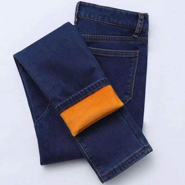 

2021 winter new women warm slim fit jeans business fashion thicken denim trousers fleece stretch brand pants black blue