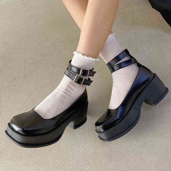 

dress shoes rimocy ankle buckle women's belt leather pumps vintage plutonium square toe platform shoes heels female 485j, Black