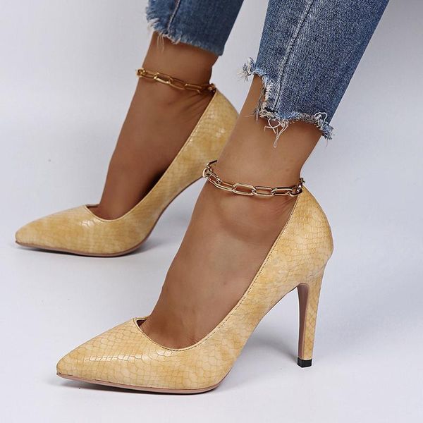 

dress shoes style snakeskin surface women summer pumps high heels pointed toe slip-on concise party office, Black
