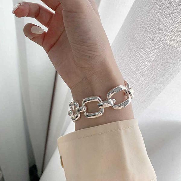 

mewanry 925 sterling silver women's thick chain bracelet, simple party jewelry, hollow geometric design, wholesale, new fashion, Golden;silver