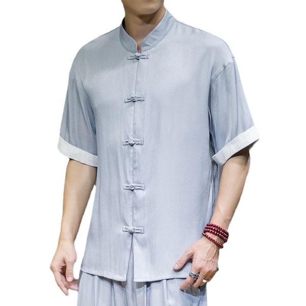 

men's casual shirts 2021 summer fashion original buckle tencel loose shirt chinese style tang suit short-sleeved men, White;black