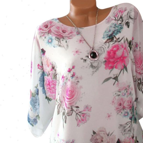 

women shirts floral print o neck large size half sleeve loose thin trend elegant noble vogue summer blouse shirts, White