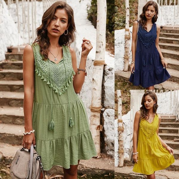 

casual dresses kf-summer boho dress women sleeveless bohemian tassels tie up short beach, Black;gray