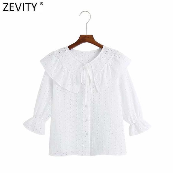 

zevity women sweet hollow out embroidery white ruffles smock blouse female peter pan collar lace shirts chic blusas ls9266 210603