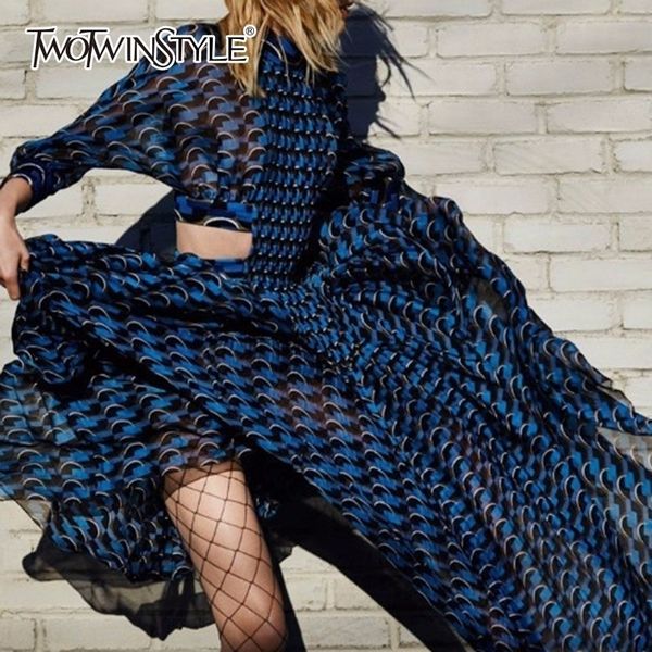 

twotwinstyle patchwork dress for women print stand collar tunic high waist ruched long dresses spring elegant clothing 210316, Black;gray