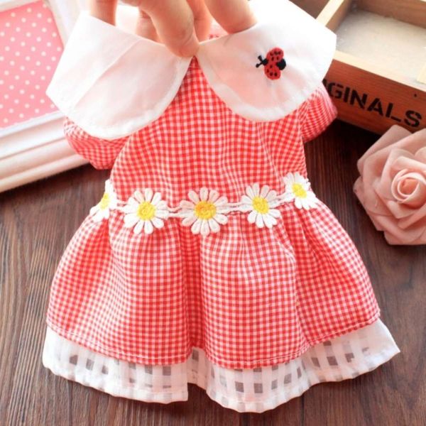 

pet cloth dog princs lace embroidery spring plaid drs teddy bomei cat summer skirt