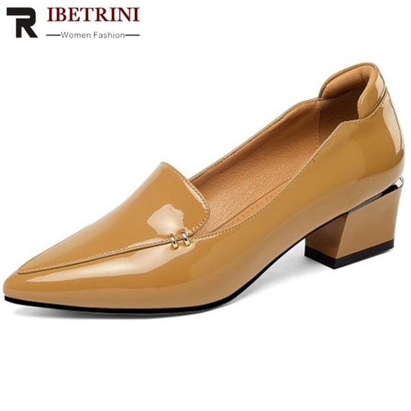 

dress shoes ribetrini female spring office fashion patent pu woman elegant solid shallow pumps women 2021 med chunky heels, Black