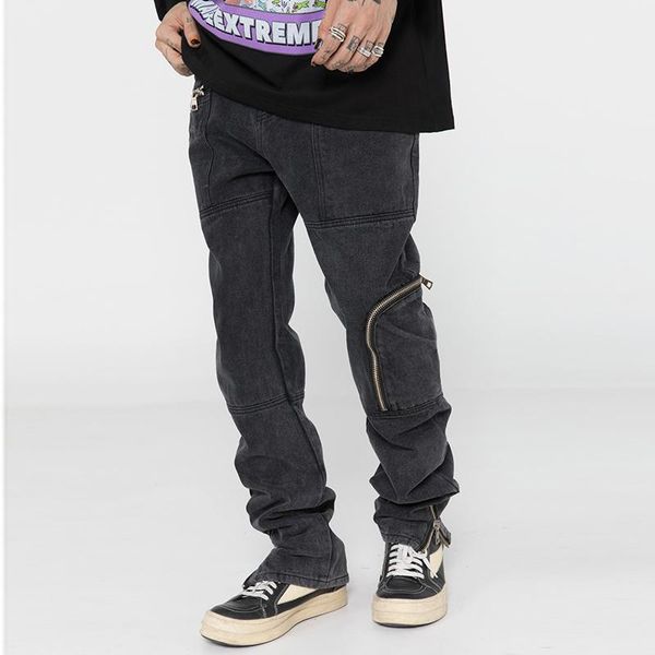 

men's jeans harajuku zipper pockets ankle washed pants for men and women straight retro casual baggy denim trousers oversize, Blue