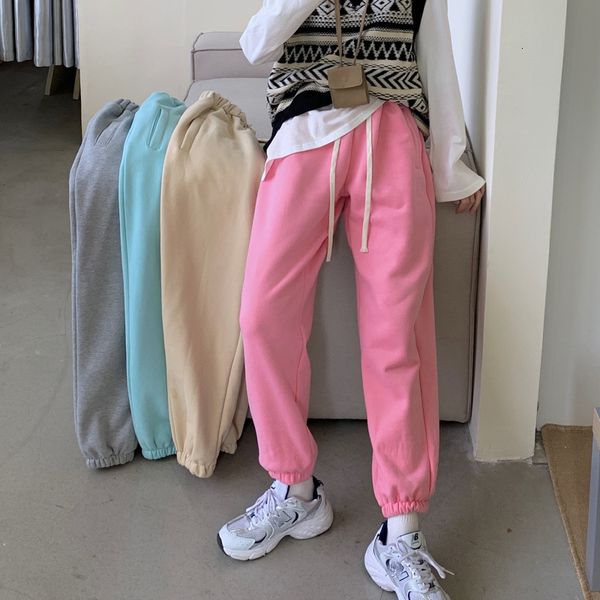 

new 2021 women casual hoodies veet winter spring lady elastic waist thick pants clothing lace-up long trousers ex77, Black;white