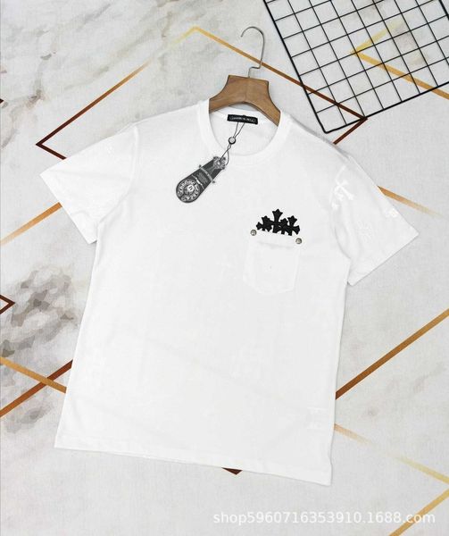 

summer new 20s fashion brand ch kroxin printed short-sleeved t-shirt front pocket leather embroidered hit hardware 7yx6, Black
