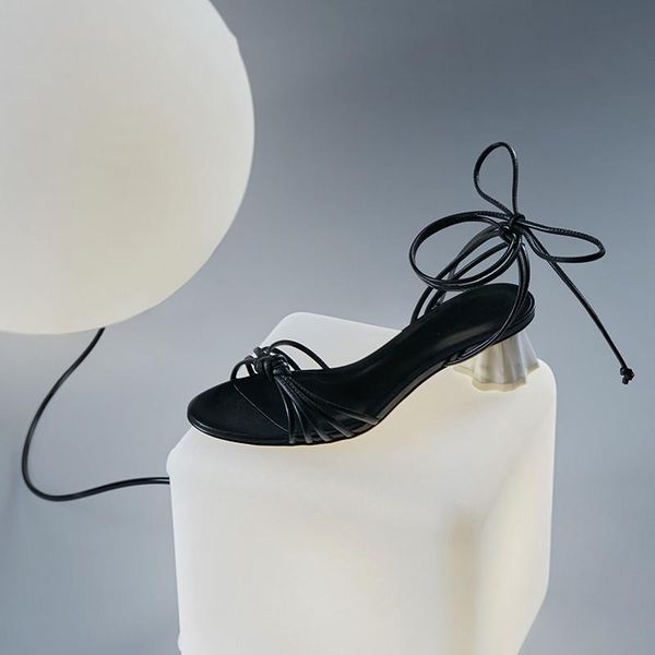 

summer 2021 new fashion women sandals round med cystal heel lady shoes back lace up girl's sandals, Black