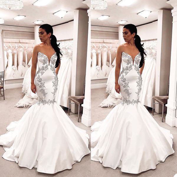 

new fashion mermaid wedding dresses satin sweetheart neck sleeveless crystal beading bridal gowns beach wedding dress vestidos de novia, White