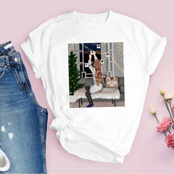

tees for women print cartoon girl cute happy time merry christmas ladies clothes lady clothing female t shirt t-shirt, White