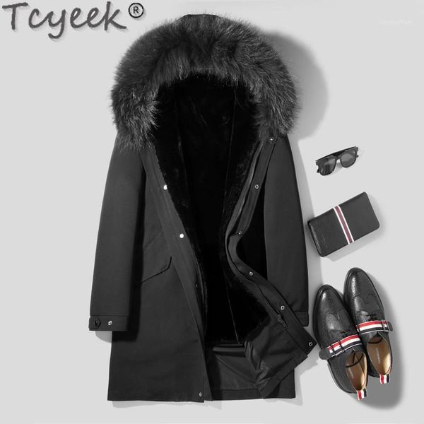 

men's leather & faux men's real fur coat winter jacket men natural wool liner parka raccoon collar warm jackets chaqueta hombre l1, Black
