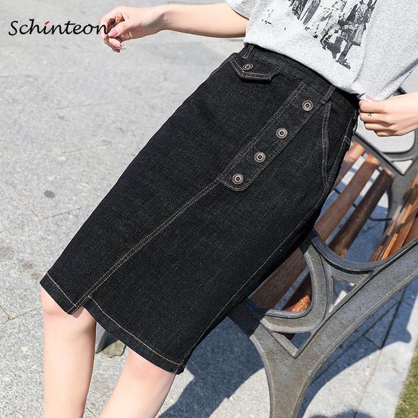 

skirts schinteon women denim skirt jeans elastic waist button big size skinny office lady spilt spring summer 2021, Black