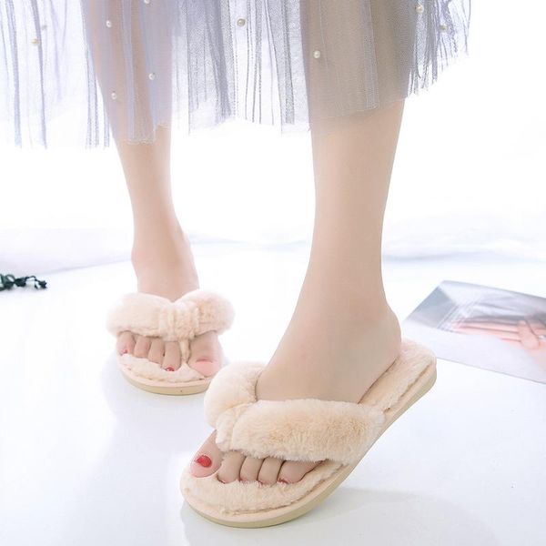 

slippers shoes woman 2021 female flock rubber flip flops raccoon fur slides low hawaiian plush rome hoof heels fabric pu, Black