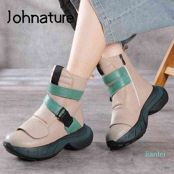 

johnature winter boots women shoes warm plush genuine leather zip 2021 new round toe handmade concise sewing platform, Black