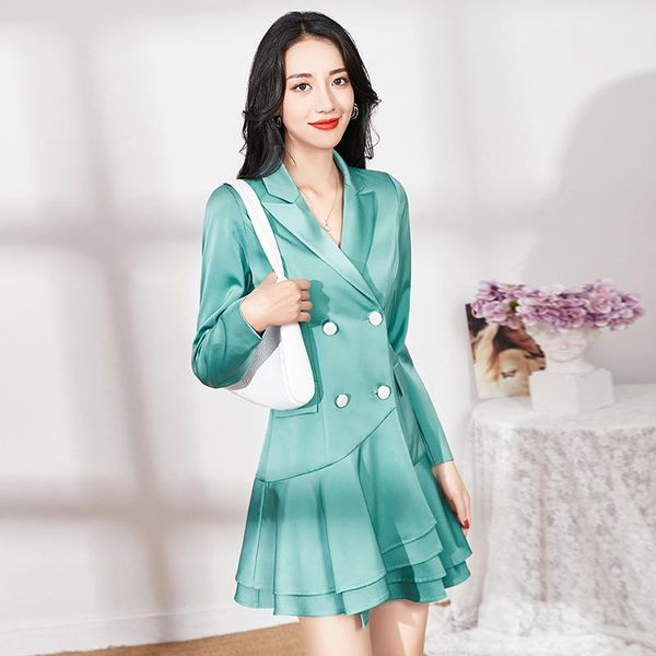 

casual dresses spring autumn designer women elegant notched blazer dress long sleeve clothes fashion ruffle lady office robe femme vestido, Black;gray