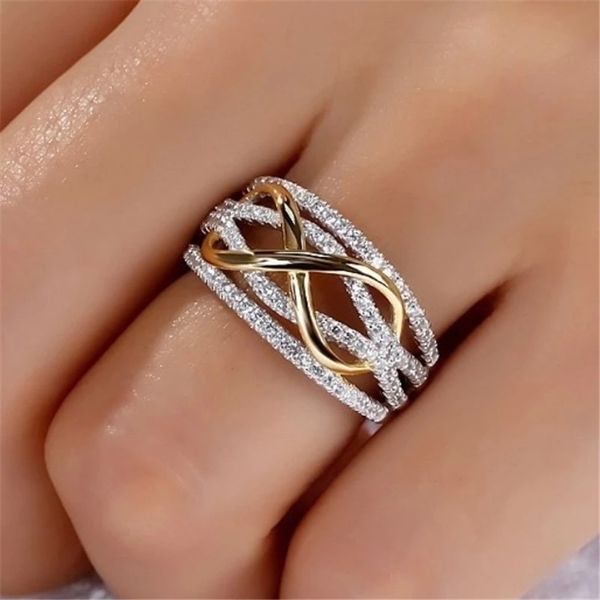 Moda ouro infinito amor coração anéis de banda de coração para mulheres Dois Tom casamento Cubic Zircon CZ Crystal Ring