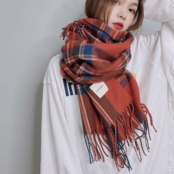 

korean cashmere plaid female winter student tassel warm long thickened shawl dual purpose couple scarf, Blue;black