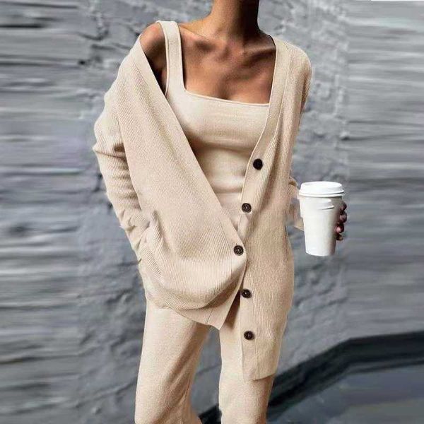 

autumn winter casual knitted three piece set women tank & wide leg long pants cardigan coat suit loose solid outfit 210930, White