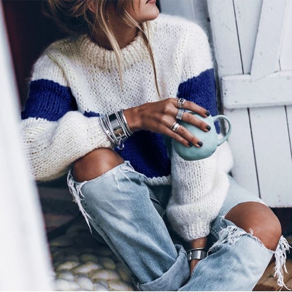 

long sleeve mohair colorblock sweater winter autumn woman s pullovers casual knitted striped fuzzy fluffy 210603, White;black