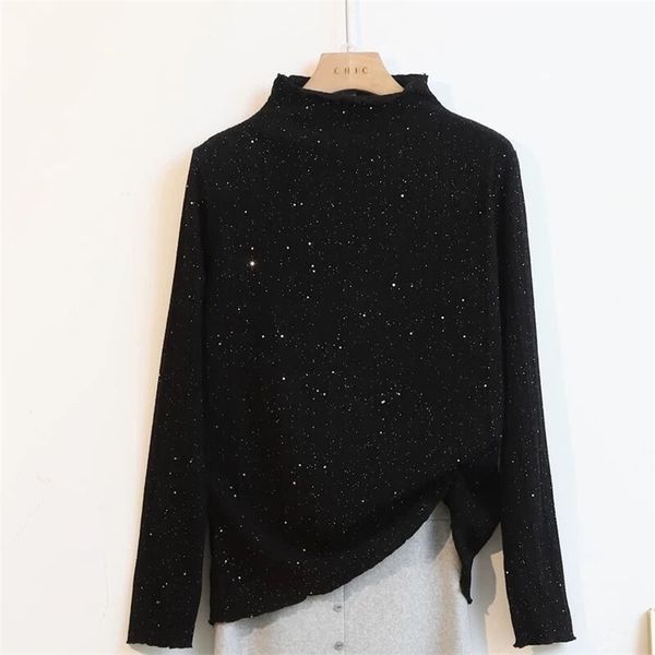 

plus size women bottoming t-shirts autumn little sequin half turtleneck long sleeve knitted female oversize stretch tshirts 210722, White