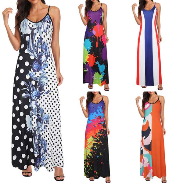 

2020 new stripe suspender print long skirt women's drs, Black;gray