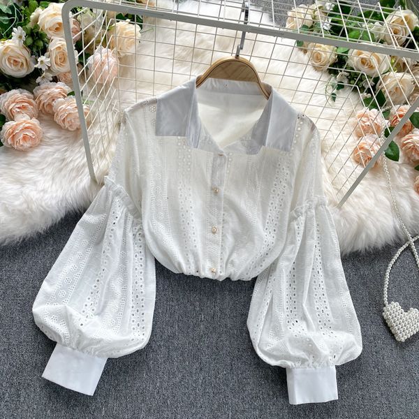 

2021 autumn vintage hollow out blouse women elegant turn-down collar single breasted loose shirts female lantern sleeve white iseg, Blue