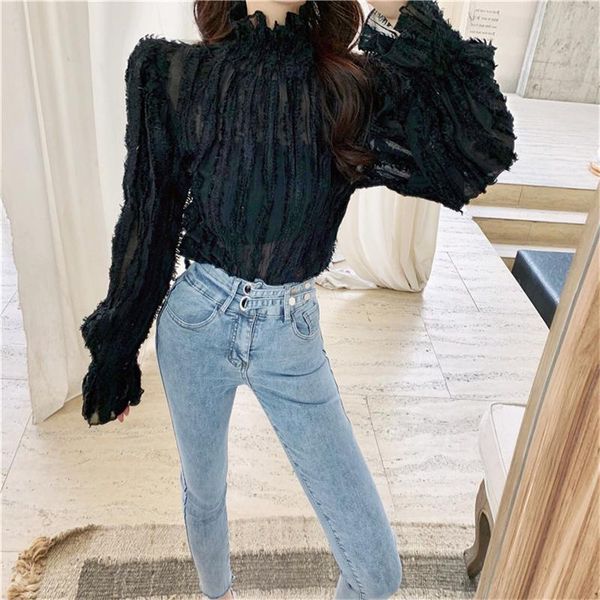 

2021 chic lace blouses elegant casual long sleeves turtleneck and blouses solid vintage female chiffon blusas mujer, White