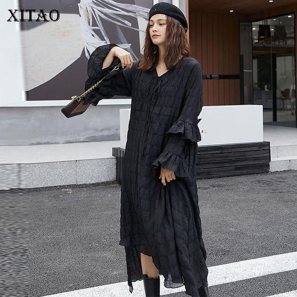 

xitao plus size pleated irregular black dress women clothes 2021 spring new fashion v neck full sleeve elegant dress gcc4290, Black;gray