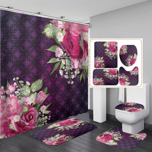 

shower curtains romantic flowers bathroom pedestal rug flannel toilet cover fabric curtain set bath mats rugs home decor