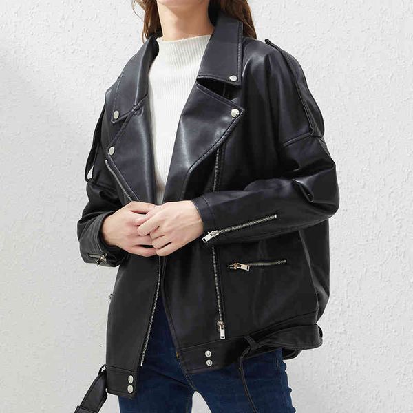 

women's jackets spring autumn oversized faux leather jacket with belt women casual loose biker outwear female bf black coat ubgj, Black;brown