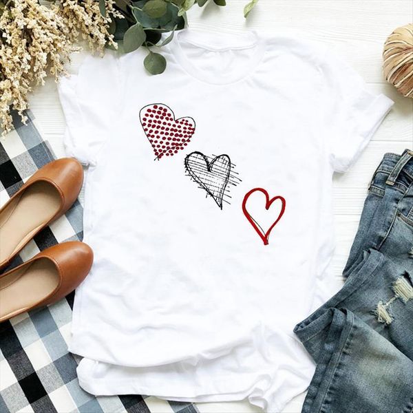 

love heart valentine printed women short sleeve tee clothes graphic, White