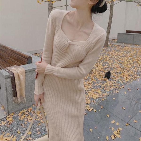 

casual dresses solid apricot black jumper sweater dress women 2021 winter clothes korean woman thick warm knitted pollover, Black;gray