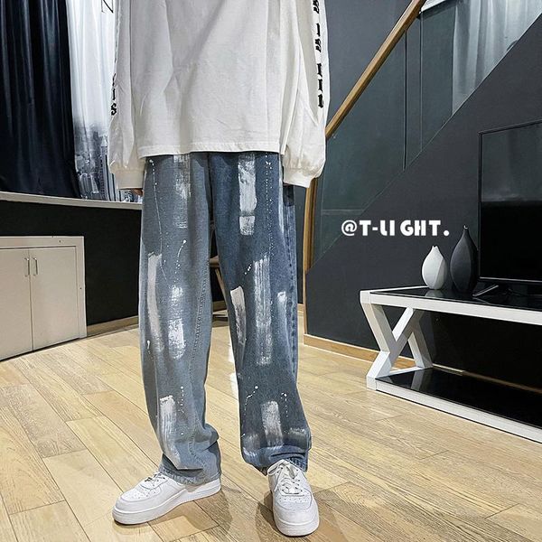 

men's jeans 2021 spring chic plaid men korean print straight hip hop fashion loose casual haren pants, Blue