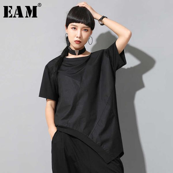

[eam] women black irregular split joint big size t-shirt round neck long sleeve fashion spring summer 1w050 210621, White