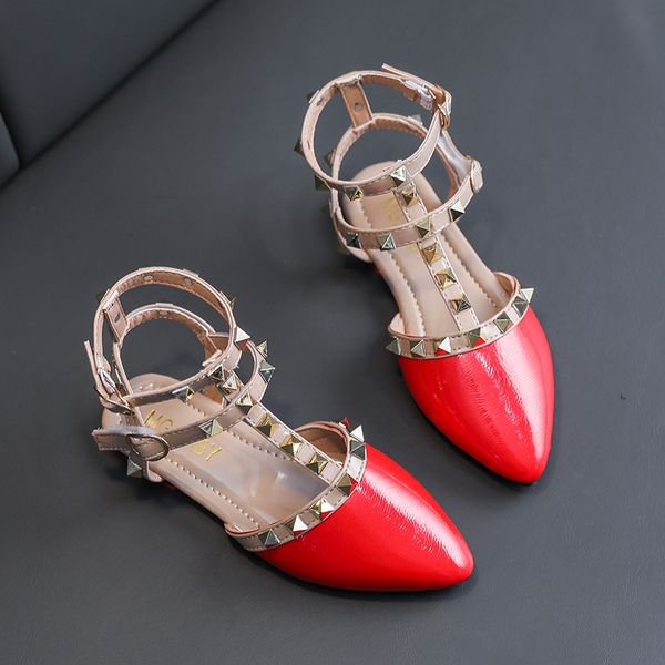 

girls shoes rivets sandals patent leather dress for kids baby children pointed toe sandal slip on beach toddlers 2468146814681, Black;red